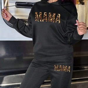 2 adet/takım Bol Günlük MAMA Baskılı Sweatshirt ve Bağcıklı Pantolon, Kadınlar İçin