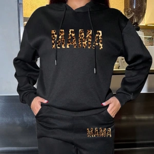 2 adet/takım Bol Günlük MAMA Baskılı Sweatshirt ve Bağcıklı Pantolon, Kadınlar İçin