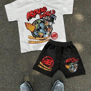 2 adet/takım Erkek Yaz Rahat Spor Düz Renk Mürettebat Tişört ve Şort Takımı