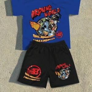 2 adet/takım Erkek Yaz Rahat Spor Düz Renk Mürettebat Tişört ve Şort Takımı