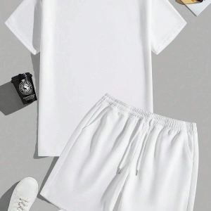 2 adet/takım Erkek Yaz Rahat Spor Düz Renk Mürettebat Tişört ve Şort Takımı