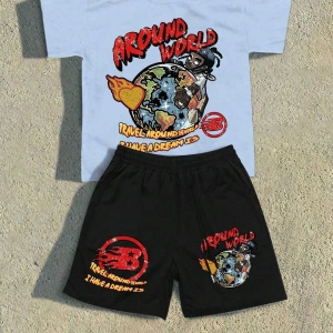 2 adet/takım Erkek Yaz Rahat Spor Düz Renk Mürettebat Tişört ve Şort Takımı