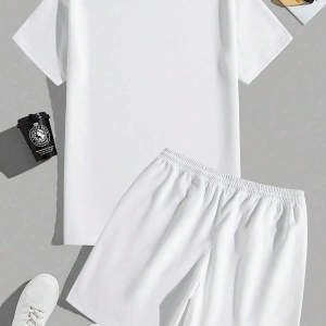 2 adet/takım Erkek Yaz Rahat Spor Düz Renk Mürettebat Tişört ve Şort Takımı