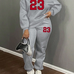 2 adet/takım Kadın Rahat 23# Bol Mürettebat Yaka Büyük Boy Sweatshirt ve Bağcıklı Pa