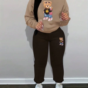 2 Adet/Takım Rahat Ayı Baskılı Sweatshirt Ve Eşofman Altı, Sonbahar/Kış