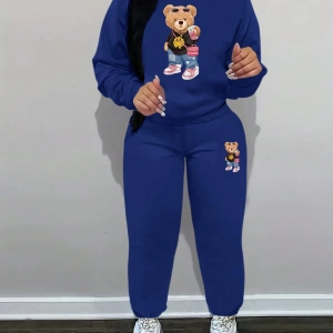 2 Adet/Takım Rahat Ayı Baskılı Sweatshirt Ve Eşofman Altı, Sonbahar/Kış