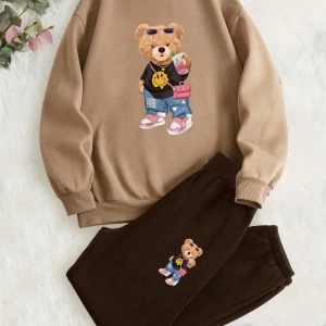 2 Adet/Takım Rahat Ayı Baskılı Sweatshirt Ve Eşofman Altı, Sonbahar/Kış