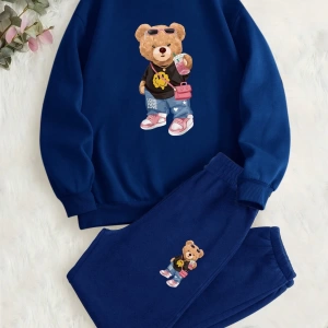 2 Adet/Takım Rahat Ayı Baskılı Sweatshirt Ve Eşofman Altı, Sonbahar/Kış