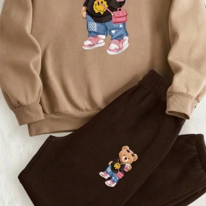 2 Adet/Takım Rahat Ayı Baskılı Sweatshirt Ve Eşofman Altı, Sonbahar/Kış