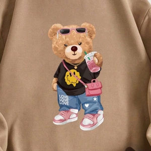 2 Adet/Takım Rahat Ayı Baskılı Sweatshirt Ve Eşofman Altı, Sonbahar/Kış