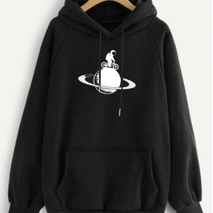 2 Iplik Iç Pamuklu Tam Kalıp Baskılı Hoodie Siyah