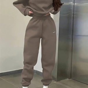 2li Büyük Beden Günlük Harfli Grafik Polar Sweatshirt ve Eşofman Altı Takımı, Sonbah