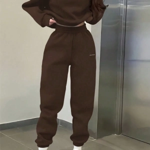 2li Büyük Beden Günlük Harfli Grafik Polar Sweatshirt ve Eşofman Altı Takımı, Sonbah