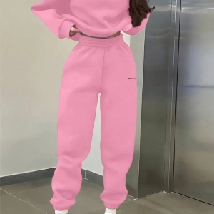 2li Büyük Beden Günlük Harfli Grafik Polar Sweatshirt ve Eşofman Altı Takımı, Sonbah