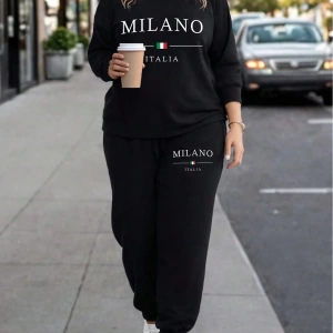 2li Büyük Beden Kadın Günlük New York Harf Baskılı Sweatshirt Ve Eşofman Altı Takımı,