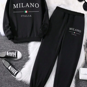 2li Büyük Beden Kadın Günlük New York Harf Baskılı Sweatshirt Ve Eşofman Altı Takımı,