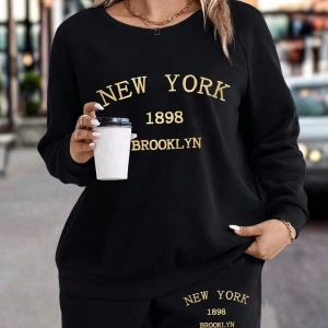 2li Büyük Beden Kadın Günlük New York Harf Baskılı Sweatshirt Ve Eşofman Altı Takımı,