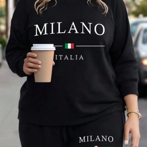 2li Büyük Beden Kadın Günlük New York Harf Baskılı Sweatshirt Ve Eşofman Altı Takımı,