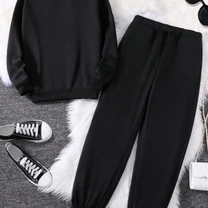 2li Büyük Beden Kadın Günlük New York Harf Baskılı Sweatshirt Ve Eşofman Altı Takımı,