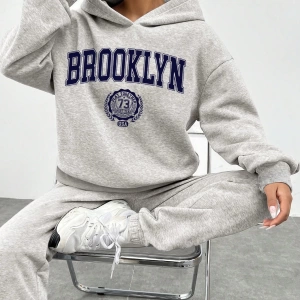 2li Kadın Rahat Basit İngilizce Harfli Kapüşonlu Sweatshirt ve Eşofman Altı Tak