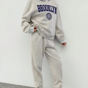 2li Kadın Rahat Basit İngilizce Harfli Kapüşonlu Sweatshirt ve Eşofman Altı Tak