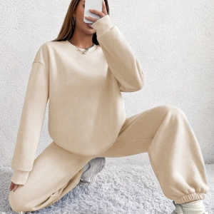 2li Rahat Minimalist Düz Renk Yuvarlak Yaka Sweatshirt Ve Eşofman Altı Takımı