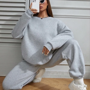 2li Rahat Minimalist Düz Renk Yuvarlak Yaka Sweatshirt Ve Eşofman Altı Takımı