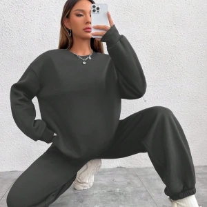 2li Rahat Minimalist Düz Renk Yuvarlak Yaka Sweatshirt Ve Eşofman Altı Takımı