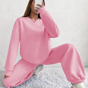 2li Rahat Minimalist Düz Renk Yuvarlak Yaka Sweatshirt Ve Eşofman Altı Takımı
