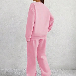 2li Rahat Minimalist Düz Renk Yuvarlak Yaka Sweatshirt Ve Eşofman Altı Takımı
