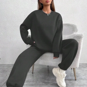 2li Rahat Minimalist Düz Renk Yuvarlak Yaka Sweatshirt Ve Eşofman Altı Takımı