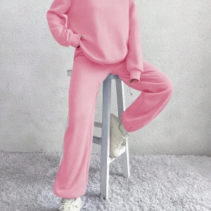 2li Rahat Minimalist Düz Renk Yuvarlak Yaka Sweatshirt Ve Eşofman Altı Takımı