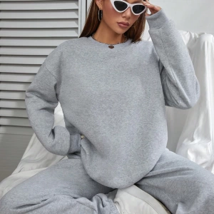 2li Rahat Minimalist Düz Renk Yuvarlak Yaka Sweatshirt Ve Eşofman Altı Takımı