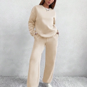 2li Rahat Minimalist Düz Renk Yuvarlak Yaka Sweatshirt Ve Eşofman Altı Takımı