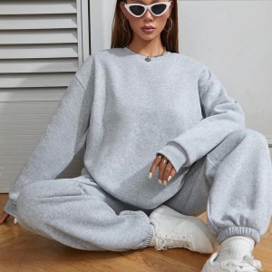 2li Rahat Minimalist Düz Renk Yuvarlak Yaka Sweatshirt Ve Eşofman Altı Takımı