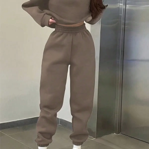 2 Parça Kadın Kapşonlu Sweatshirt ve Bağcıklı Bel Cepli Eşofman Altı Takımı, Günlük Sp