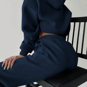 2 Parça Kadın Uzun Kollu Kapüşonlu Sweatshirt Cepli ve Yüksek Bel Kloş Pantolon