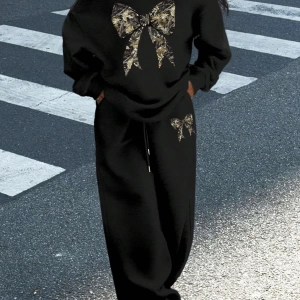 2 Parça Set: Bol Soğuk Omuz Sweatshirt ve Termal Astarlı Geniş Paça Eşofman Altı