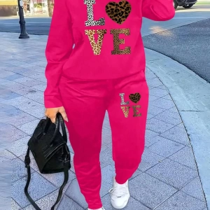 2 Parça Set Büyük Beden Kadın Harf Baskılı Mürettebat Yaka Uzun Kollu Sweatshirt Ve Eş