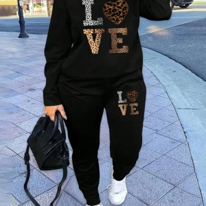 2 Parça Set Büyük Beden Kadın Harf Baskılı Mürettebat Yaka Uzun Kollu Sweatshirt Ve Eş