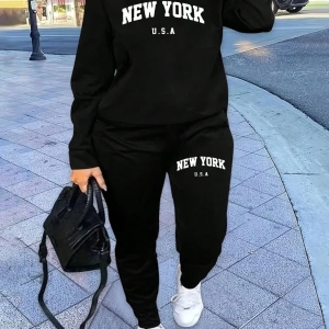 2 Parça Set Büyük Beden Kadın Harf Baskılı Mürettebat Yaka Uzun Kollu Sweatshirt Ve Eş