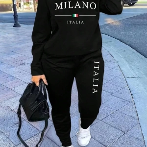 2 Parça Set Büyük Beden Kadın Harf Baskılı Mürettebat Yaka Uzun Kollu Sweatshirt Ve Eş