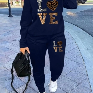 2 Parça Set Büyük Beden Kadın Harf Baskılı Mürettebat Yaka Uzun Kollu Sweatshirt Ve Eş