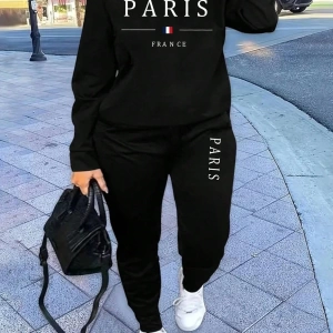 2 Parça Set Büyük Beden Kadın Harf Baskılı Mürettebat Yaka Uzun Kollu Sweatshirt Ve Eş