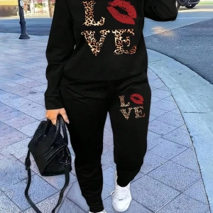 2 Parça Set Büyük Beden Kadın Harf Baskılı Mürettebat Yaka Uzun Kollu Sweatshirt Ve Eş