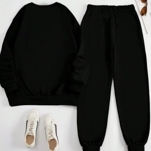 2 Parça Set Büyük Beden Kadın Harf Baskılı Mürettebat Yaka Uzun Kollu Sweatshirt Ve Eş