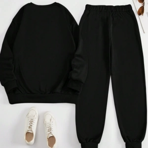 2 Parça Set Büyük Beden Kadın Harf Baskılı Mürettebat Yaka Uzun Kollu Sweatshirt Ve Eş