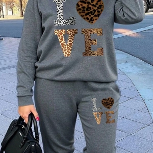 2 Parça Set Büyük Beden Kadın Harf Baskılı Mürettebat Yaka Uzun Kollu Sweatshirt Ve Eş