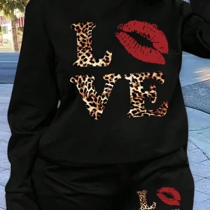 2 Parça Set Büyük Beden Kadın Harf Baskılı Mürettebat Yaka Uzun Kollu Sweatshirt Ve Eş