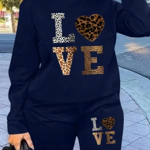 2 Parça Set Büyük Beden Kadın Harf Baskılı Mürettebat Yaka Uzun Kollu Sweatshirt Ve Eş